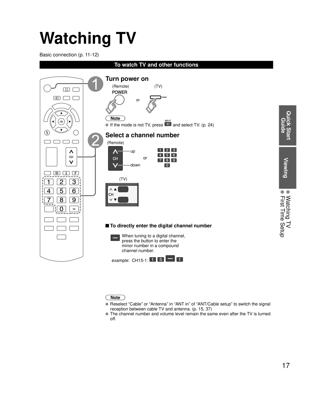 Panasonic TC-P46C2, TC-P42C2, TC-P50C2 Watching TV, Turn power on, Select a channel number, To watch TV and other functions 