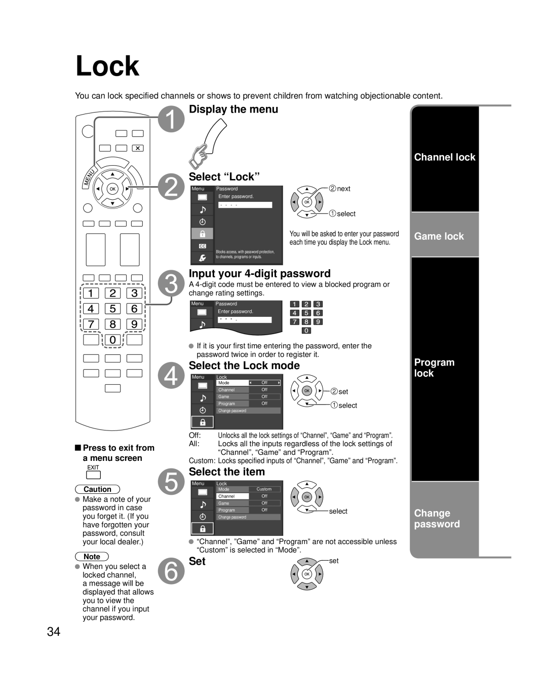 Panasonic TC-P50C2, TC-P42C2, TC-P46C2 Display the menu Select Lock, Input your 4-digit password, Select the Lock mode 