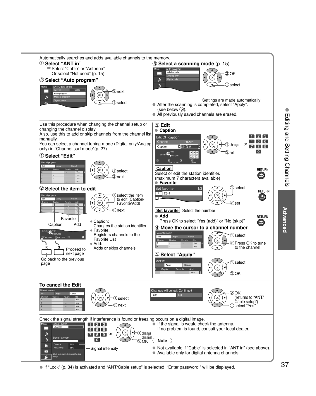 Panasonic TC-P50C2 Select ANT, Select Auto program, Select a scanning mode p, Select Edit, Select the item to edit 