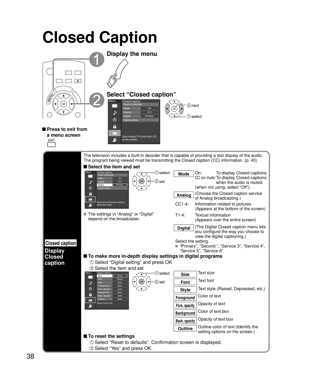 Panasonic TC-P46C2 Closed Caption, Display the menu Select Closed caption, Select the item and set, To reset the settings 