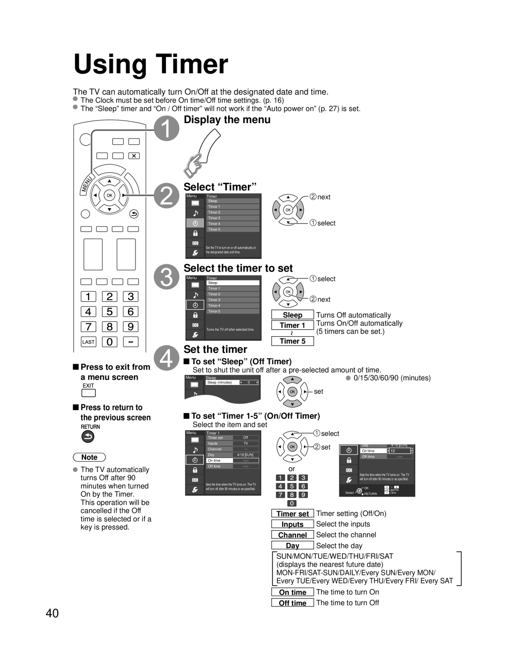 Panasonic TC-P50C2, TC-P42C2, TC-P46C2 Using Timer, Display the menu Select Timer, Select the timer to set, Set the timer 