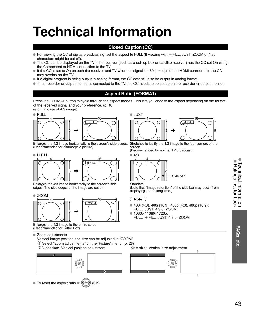 Panasonic TC-P50C2, TC-P42C2, TC-P46C2 quick start Technical Information, Closed Caption CC, Aspect Ratio Format, FAQs, etc 