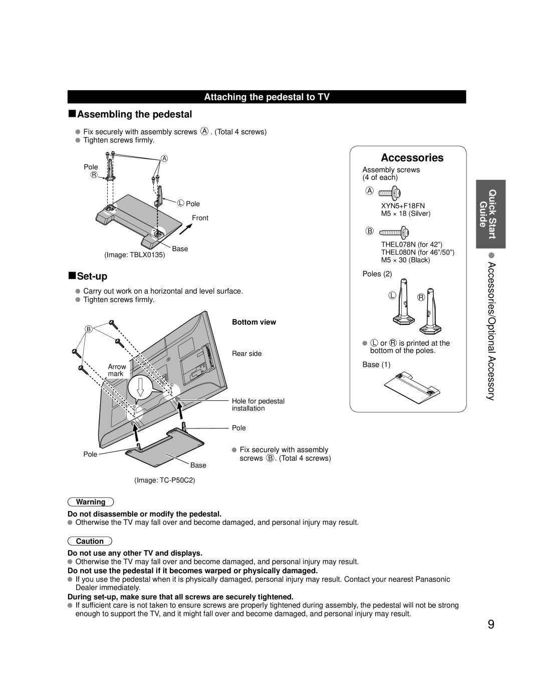 Panasonic TC-P42C2 Attaching the pedestal to TV, Quick Start Guide, Bottom view, Do not disassemble or modify the pedestal 