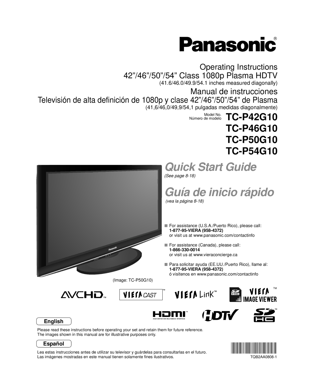 Panasonic TC-P42G10 quick start For assistance U.S.A./Puerto Rico, please call, Viera, Image TC-P50G10 