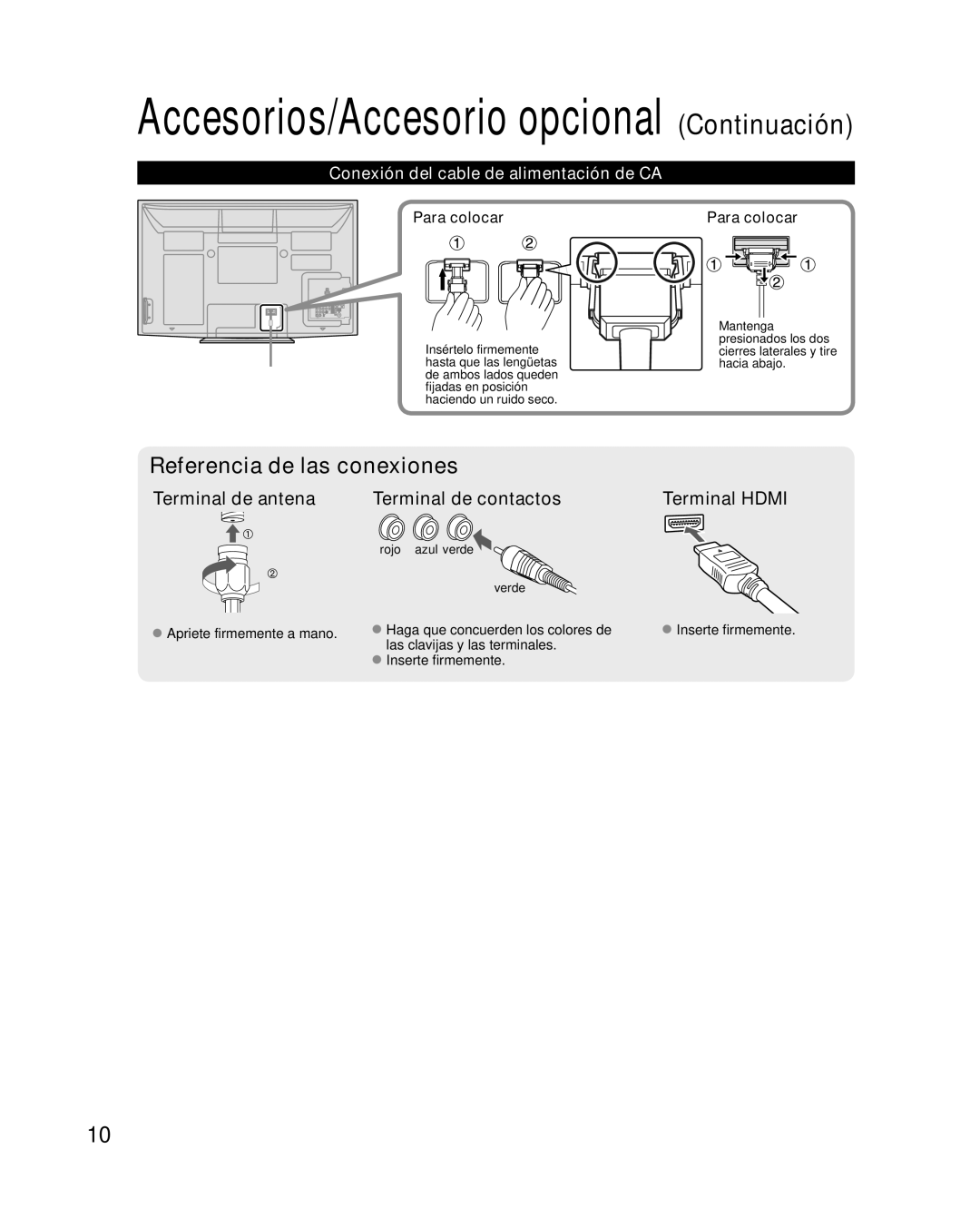 Panasonic TC-P42G10 quick start Conexión del cable de alimentación de CA, Para colocar, Rojo azul verde Verde 