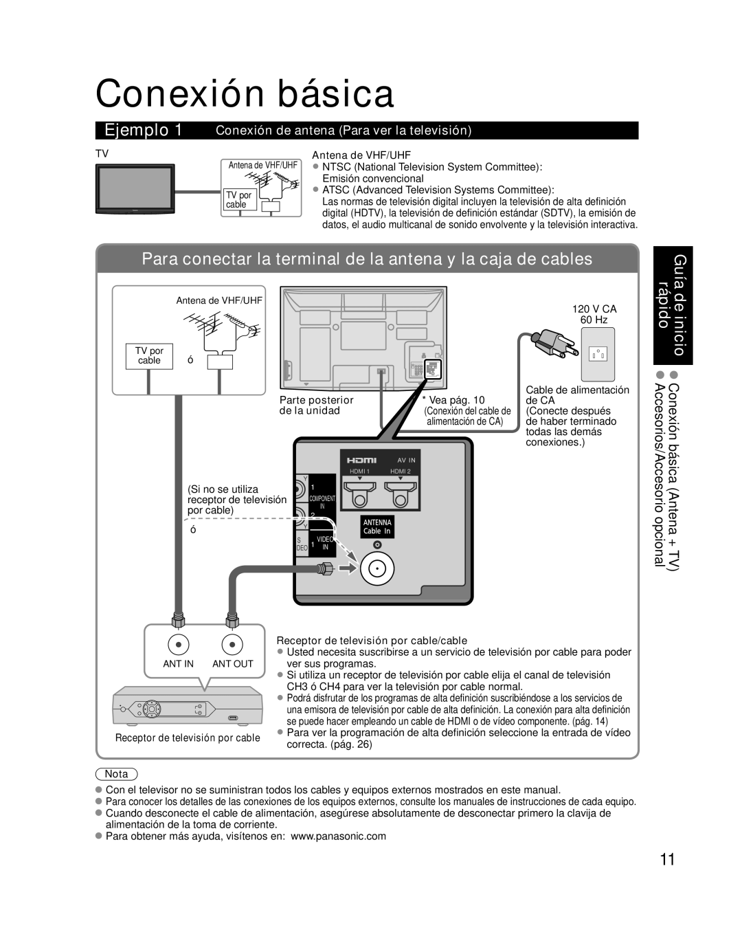 Panasonic TC-P42G10 quick start Conexión básica, Conexión de antena Para ver la televisión 