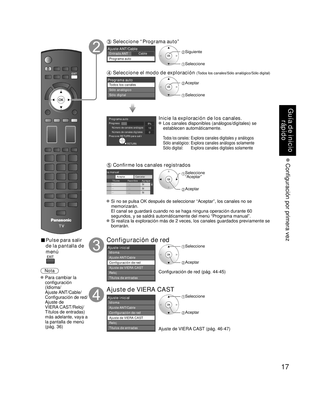 Panasonic TC-P42G10 Configuración de red, Ajuste de Viera Cast, Seleccione Programa auto, Confirme los canales registrados 