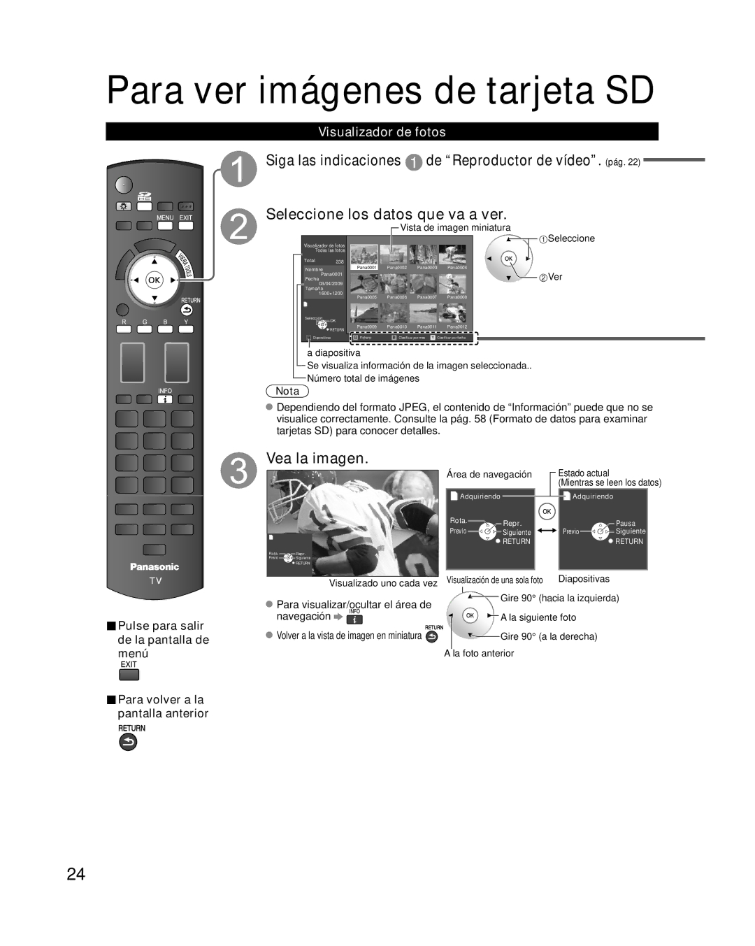 Panasonic TC-P42G10 quick start Visualizador de fotos, Para visualizar/ocultar el área de, Navegación 