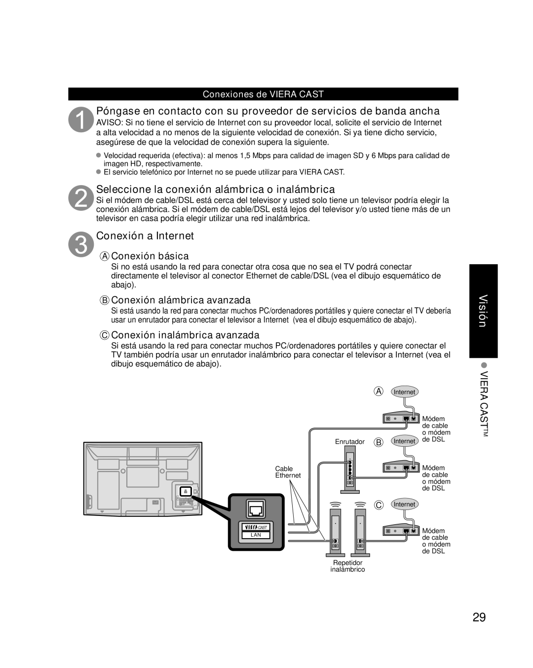 Panasonic TC-P42G10 Seleccione la conexión alámbrica o inalámbrica, Conexión a Internet, Conexiones de Viera Cast 