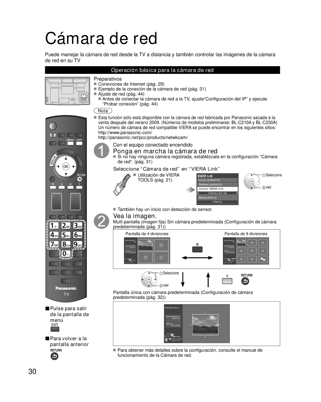 Panasonic TC-P42G10 quick start Cámara de red, Ponga en marcha la cámara de red, Operación básica para la cámara de red 