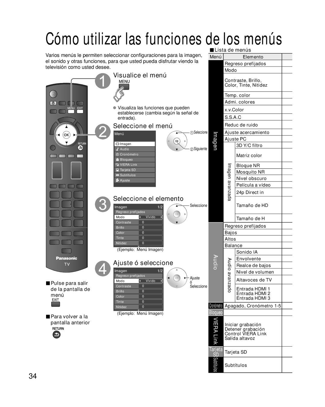 Panasonic TC-P42G10 quick start Visualice el menú, Seleccione el menú, Ajuste ó seleccione, Audio, Lista de menús 