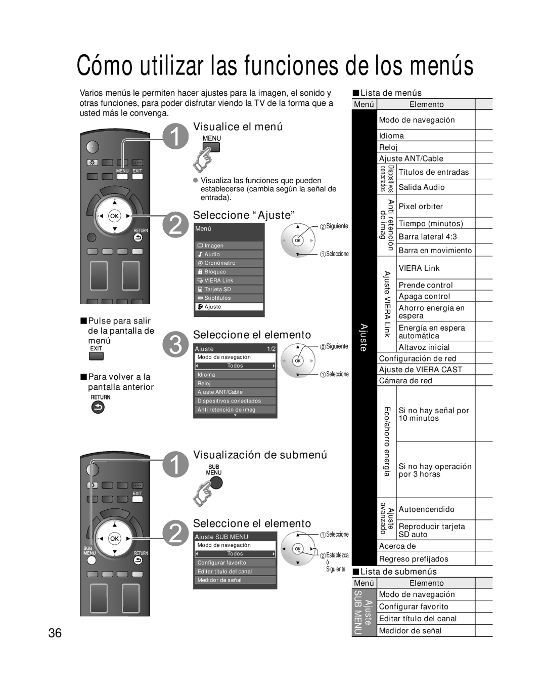 Panasonic TC-P42G10 quick start Visualización de submenú, Ajuste, Lista de submenús 