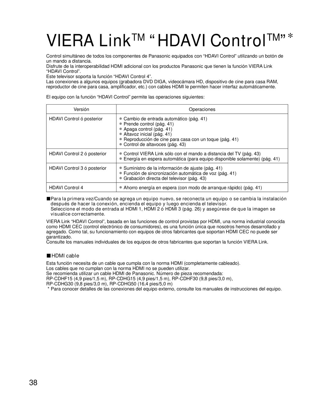 Panasonic TC-P42G10 quick start Viera LinkTM Hdavi ControlTM, Hdmi cable 