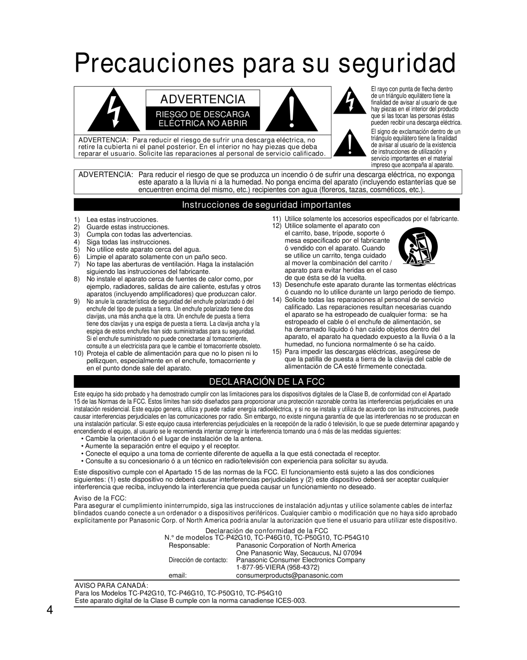 Panasonic TC-P42G10 quick start Precauciones para su seguridad, Instrucciones de seguridad importantes, Aviso de la FCC 