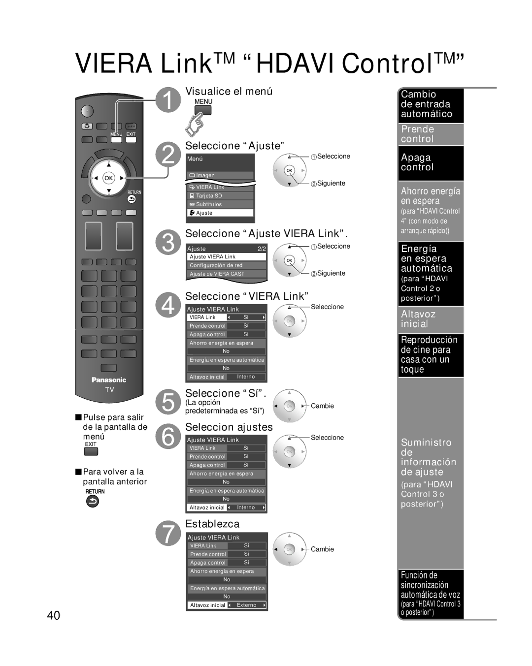 Panasonic TC-P42G10 quick start Cambio de entrada automático Prende control Apaga control, Energía en espera automática 