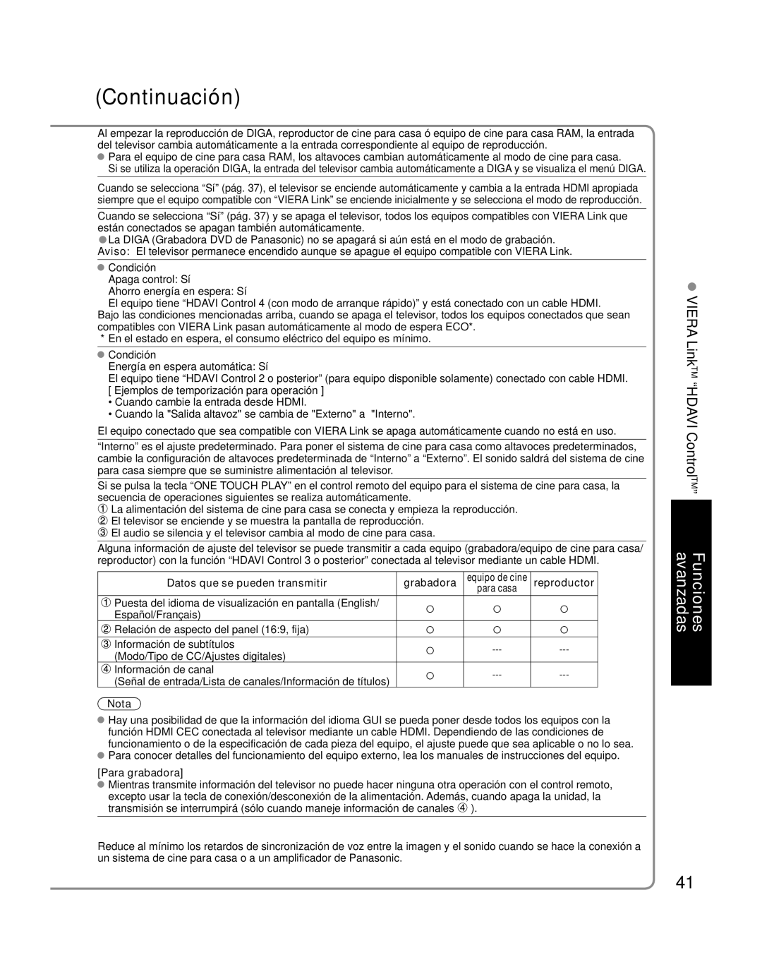 Panasonic TC-P42G10 quick start Datos que se pueden transmitir, Para grabadora, Grabadora, Reproductor 