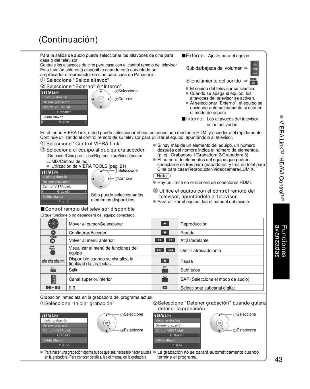 Panasonic TC-P42G10 Seleccione Salida altavoz Seleccione Externo ó Interno, Control remoto del televisor disponible 