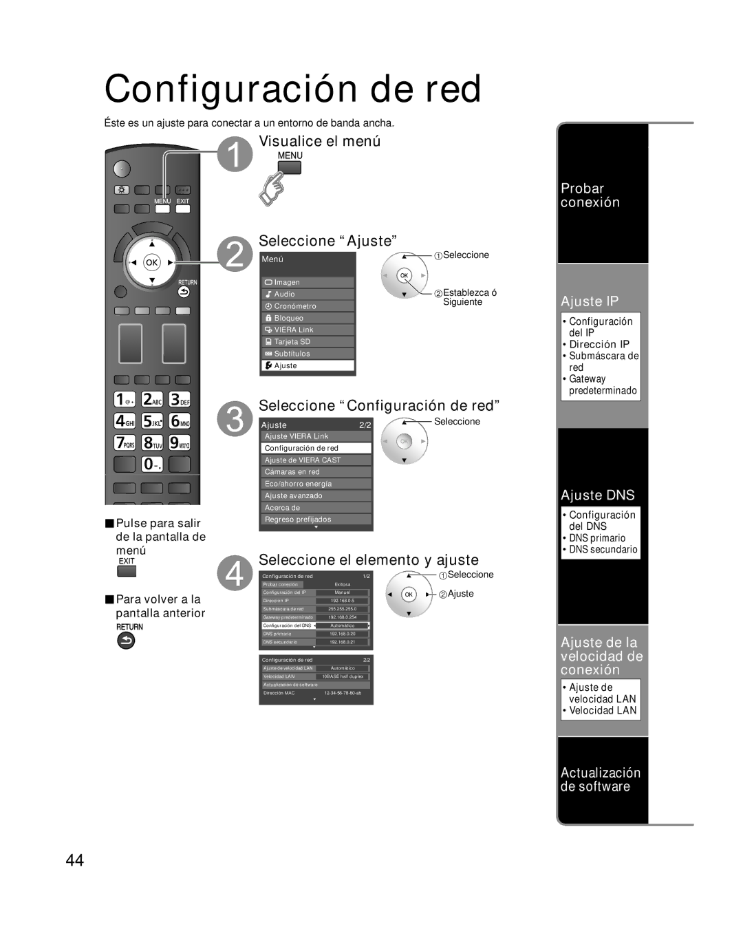 Panasonic TC-P42G10 quick start Seleccione Configuración de red, Seleccione el elemento y ajuste 