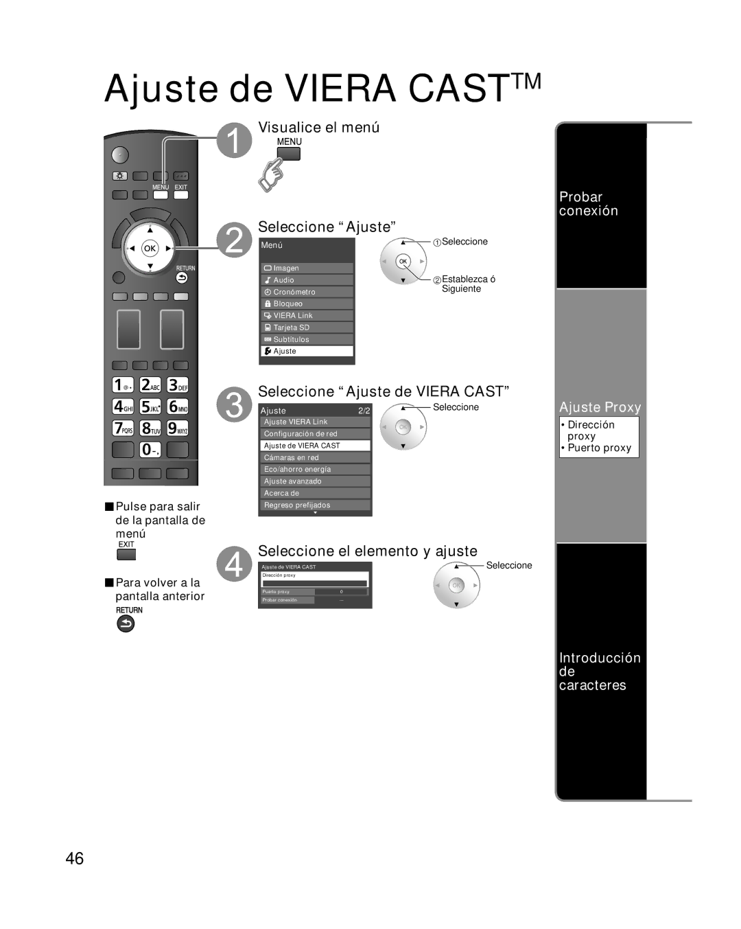 Panasonic TC-P42G10 quick start Ajuste de Viera Casttm, Seleccione Ajuste de Viera Cast, Probar conexión Ajuste Proxy 