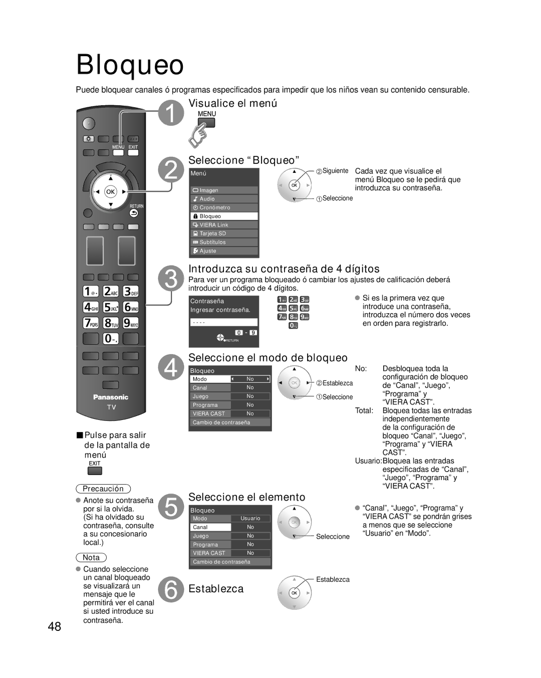 Panasonic TC-P42G10 quick start Visualice el menú Seleccione Bloqueo, Introduzca su contraseña de 4 dígitos, Establezca 