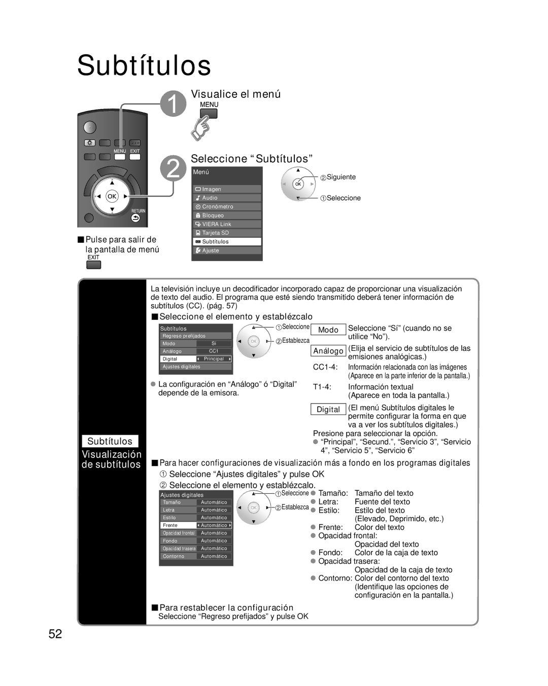 Panasonic TC-P42G10 quick start Visualice el menú Seleccione Subtítulos, Visualización, De subtítulos 