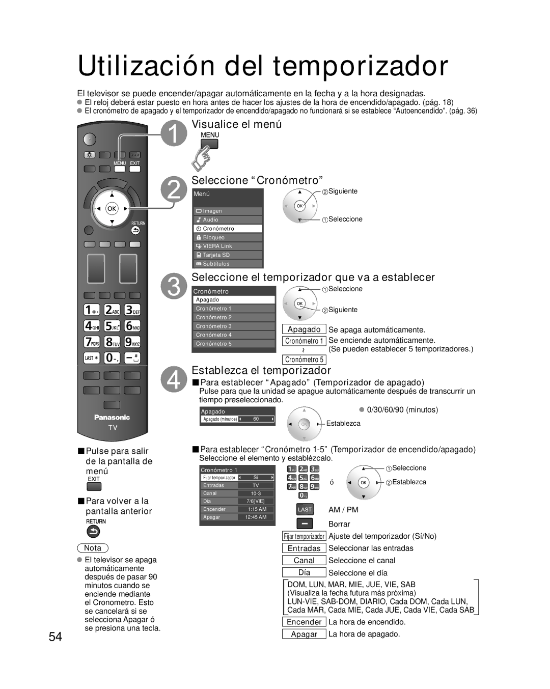 Panasonic TC-P42G10 Utilización del temporizador, Visualice el menú Seleccione Cronómetro, Establezca el temporizador 