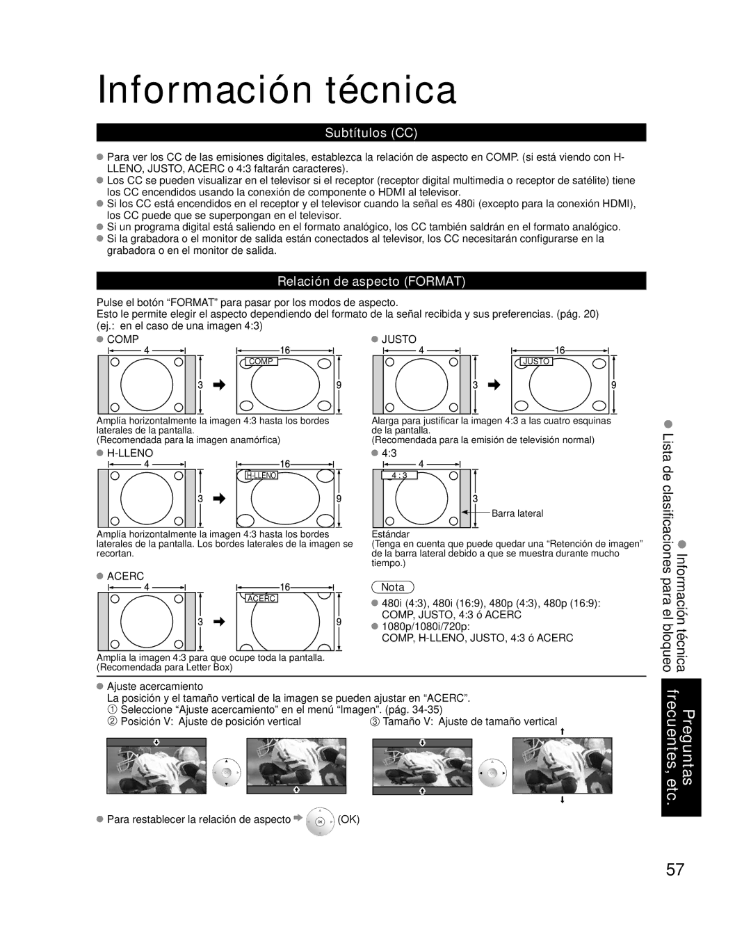 Panasonic TC-P42G10 quick start Información técnica, Subtítulos CC, Relación de aspecto Format, Ajuste acercamiento 