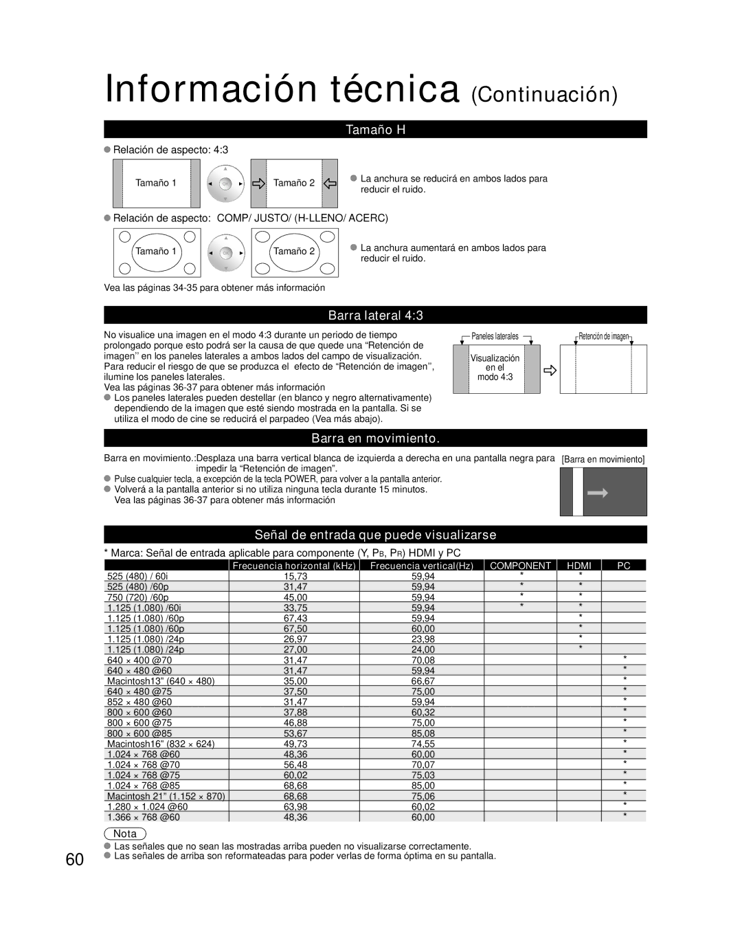 Panasonic TC-P42G10 quick start Información técnica Continuación, Tamaño H, Barra lateral, Barra en movimiento 