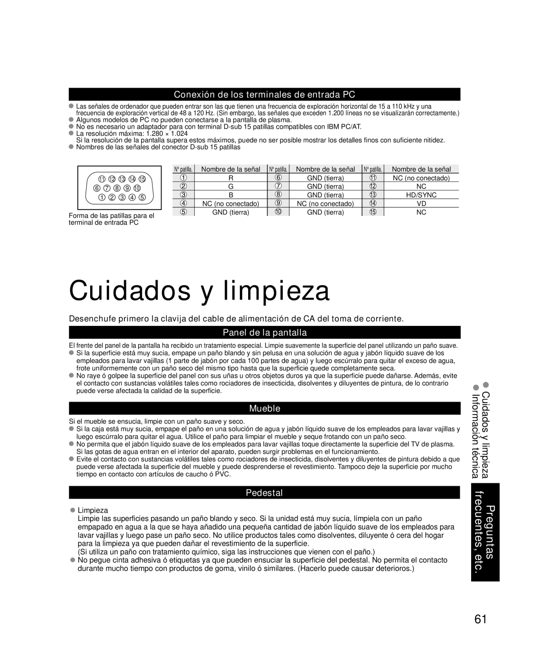 Panasonic TC-P42G10 Cuidados y limpieza, Conexión de los terminales de entrada PC, Panel de la pantalla, Mueble, Pedestal 