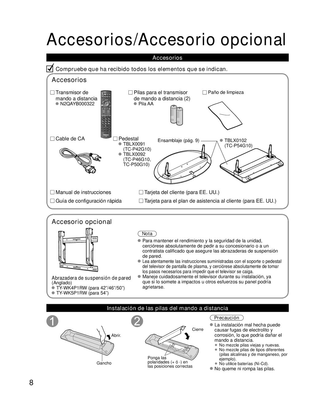 Panasonic TC-P42G10 quick start Accesorios/Accesorio opcional, Instalación de las pilas del mando a distancia 