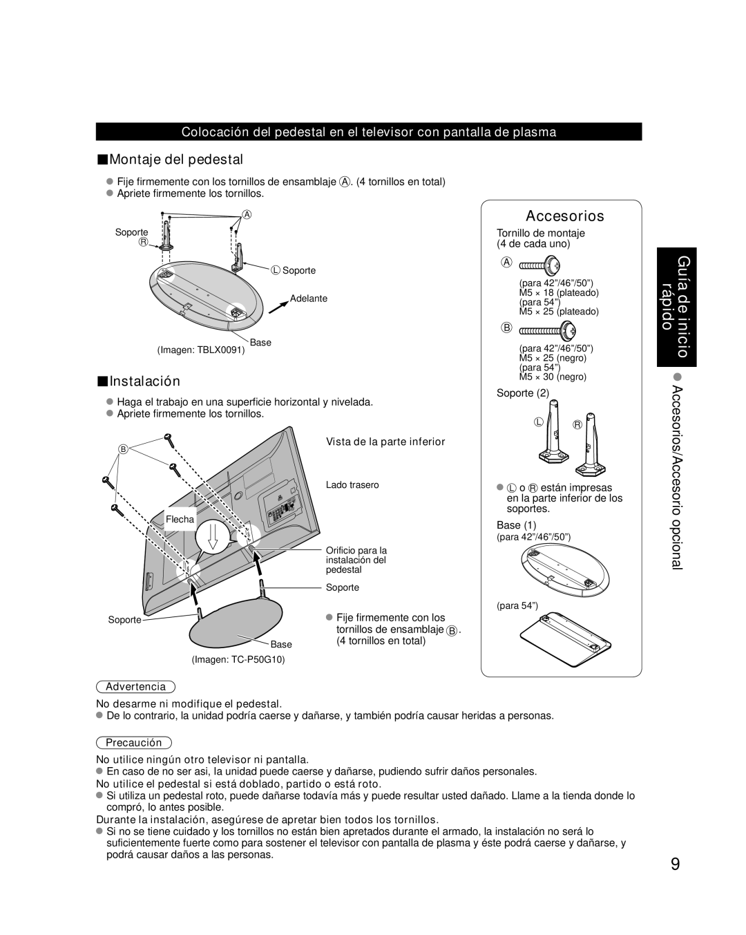 Panasonic TC-P42G10 quick start Tornillo de montaje 4 de cada uno, Vista de la parte inferior 