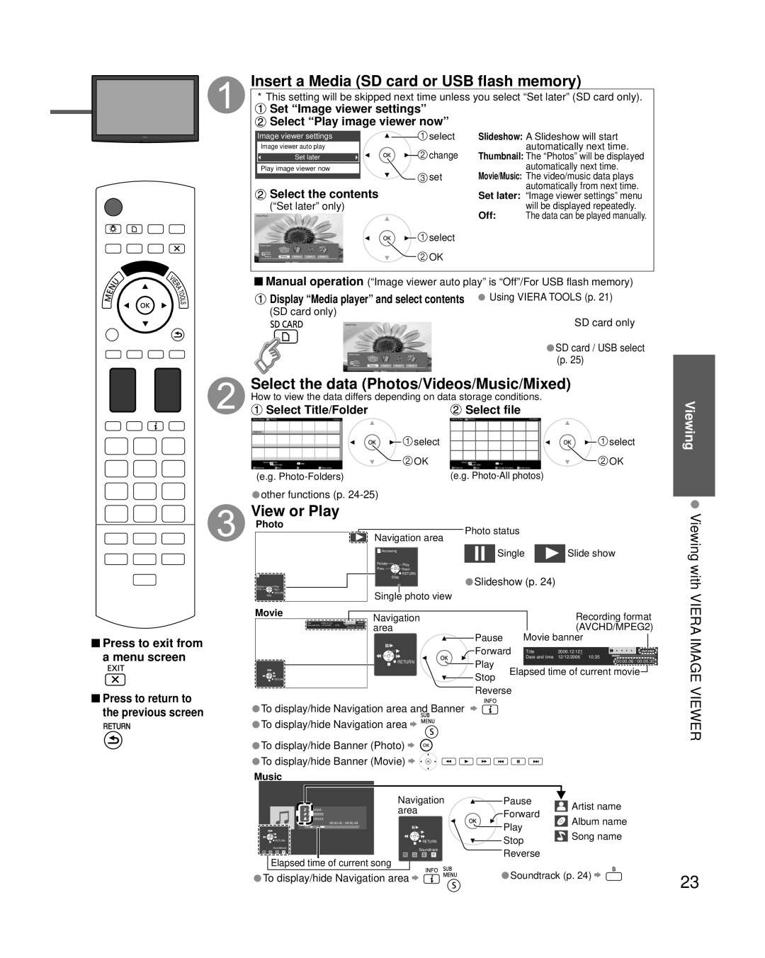 Panasonic TC-P54G25, TC-P42G25 Insert a Media SD card or USB flash memory, Select the data Photos/Videos/Music/Mixed 