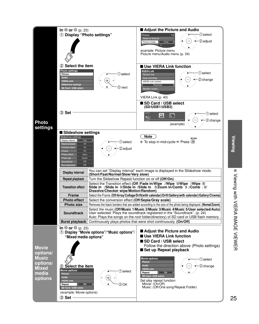 Panasonic TC-P46G25, TC-P42G25, TC-P50G25, TC-P54G25 Photo settings, Movie options/ Music options/ Mixed media options 