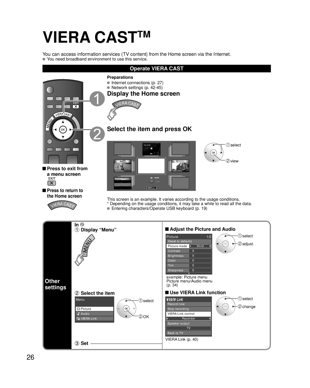 Panasonic TC-P50G25 Display the Home screen Select the item and press OK, Other settings, Operate Viera Cast, Display Menu 