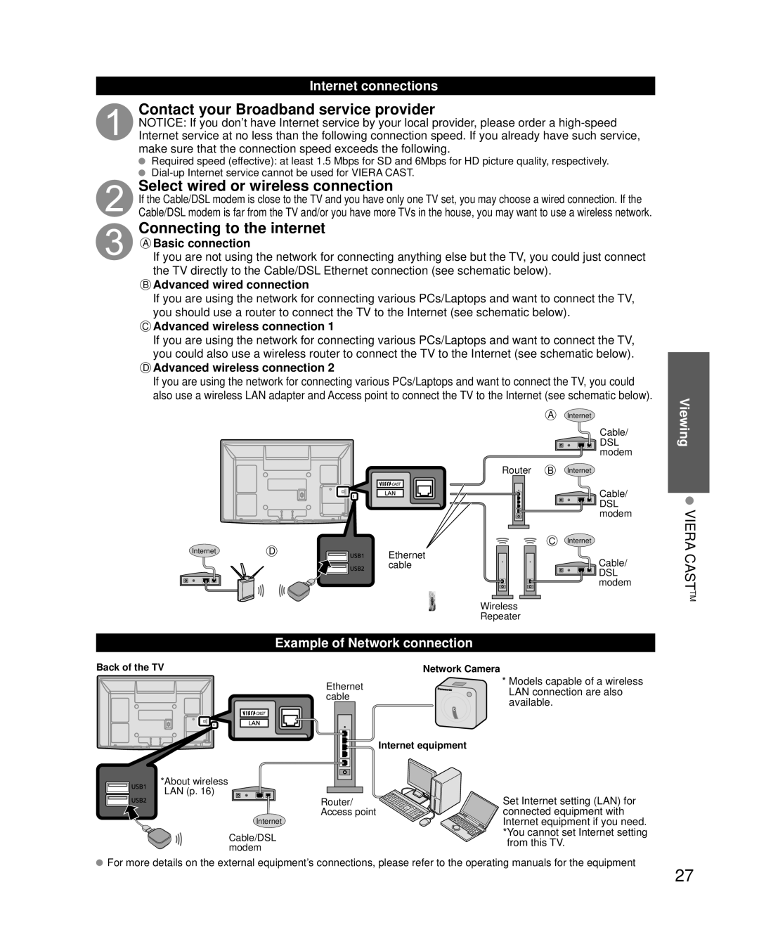 Panasonic TC-P54G25 Contact your Broadband service provider, Select wired or wireless connection, Internet connections 