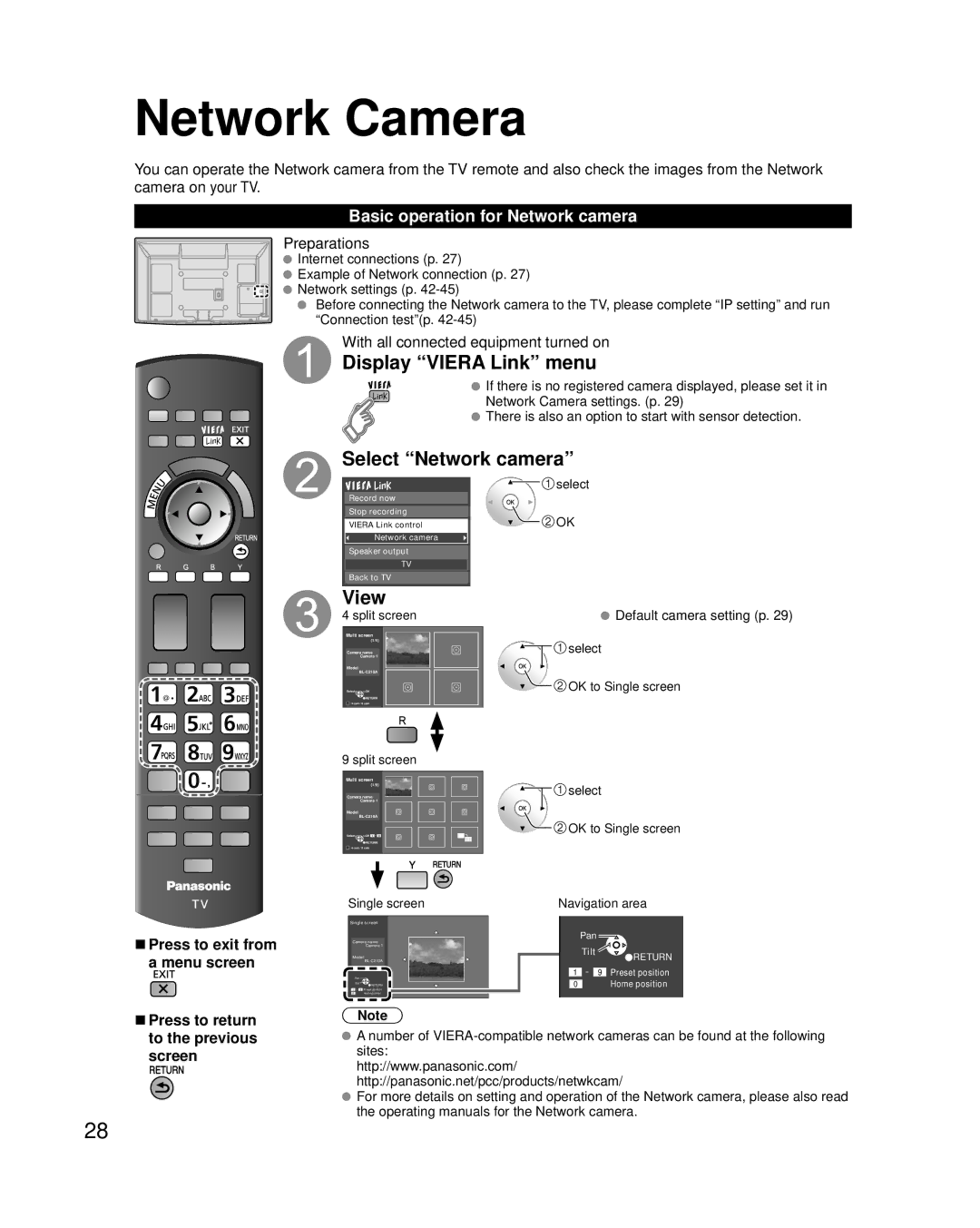 Panasonic TC-P42G25, TC-P46G25, TC-P50G25, TC-P54G25 Network Camera, Display Viera Link menu, Select Network camera, View 