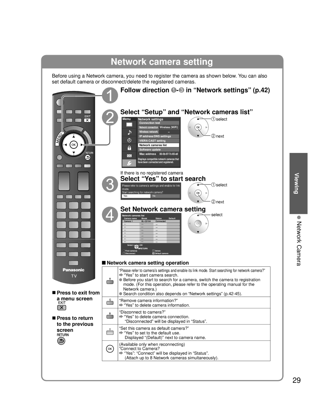 Panasonic TC-P46G25, TC-P42G25, TC-P50G25 Set Network camera setting, Network Camera, Network camera setting operation 