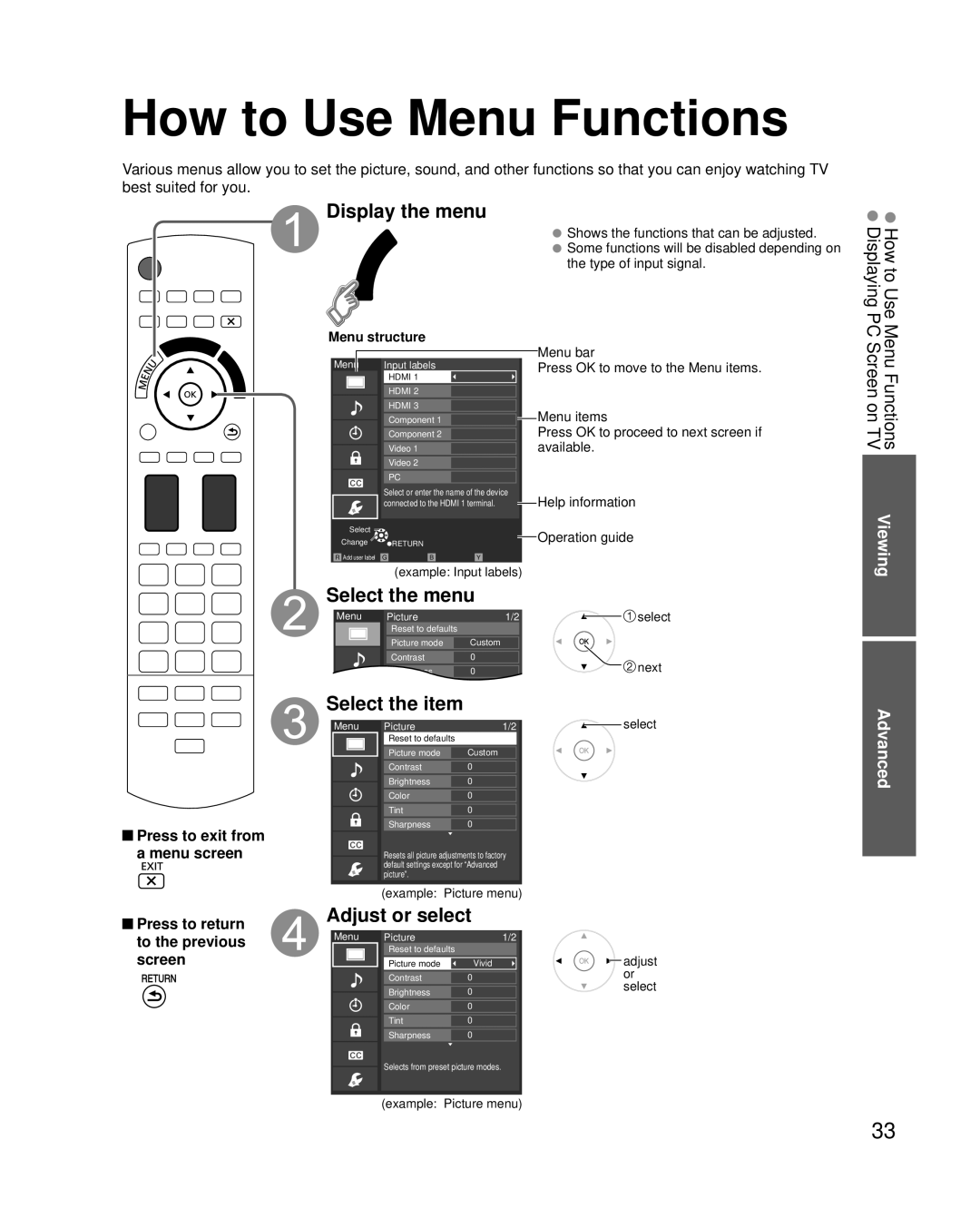 Panasonic TC-P46G25, TC-P42G25, TC-P50G25, TC-P54G25 quick start How to Use Menu Functions, Display the menu 