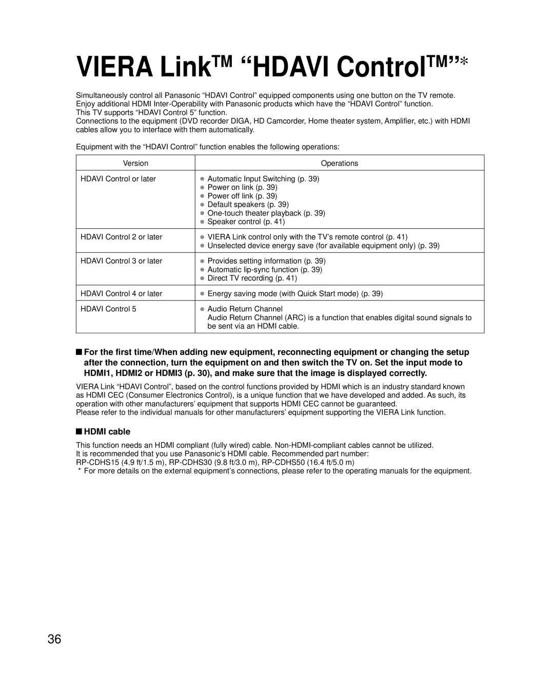 Panasonic TC-P42G25, TC-P46G25, TC-P50G25, TC-P54G25 quick start Viera LinkTM Hdavi ControlTM, Hdmi cable 