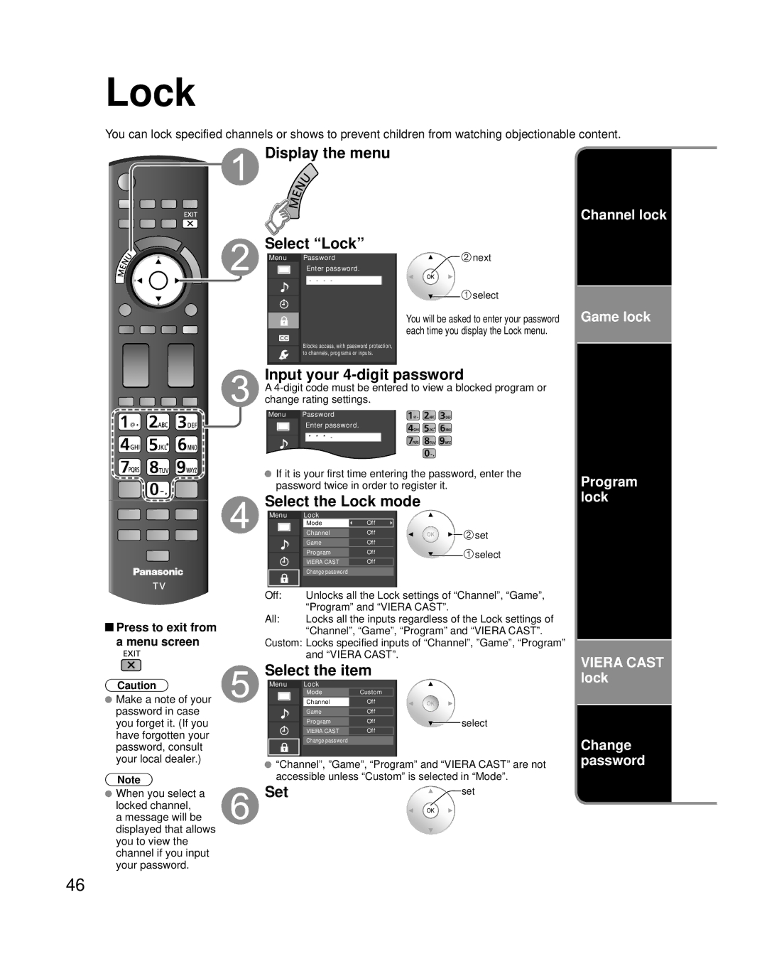 Panasonic TC-P50G25, TC-P42G25 Display the menu Select Lock, Input your 4-digit password, Select the Lock mode 