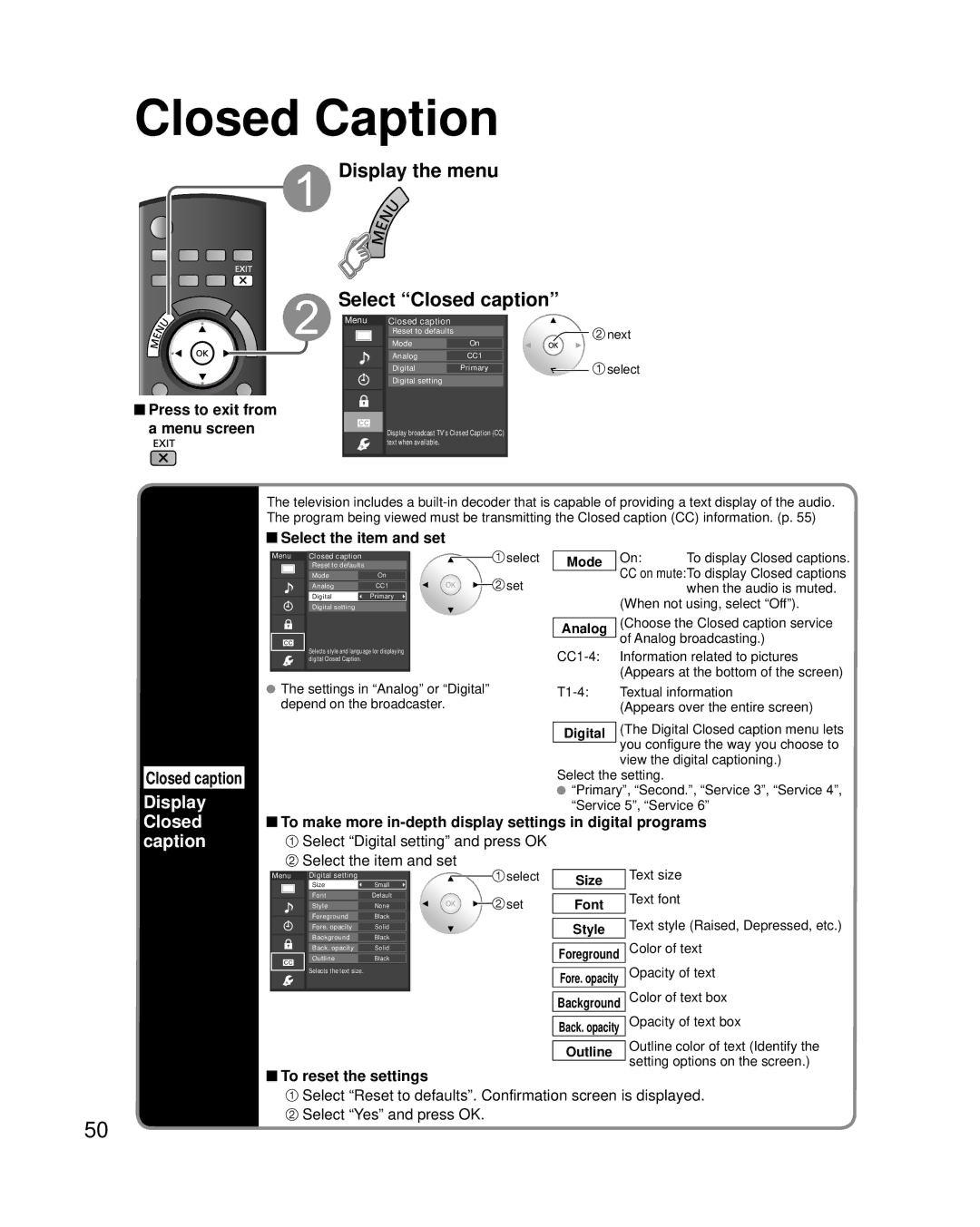 Panasonic TC-P50G25, TC-P42G25, TC-P46G25, TC-P54G25 quick start Closed Caption, Display the menu Select Closed caption 