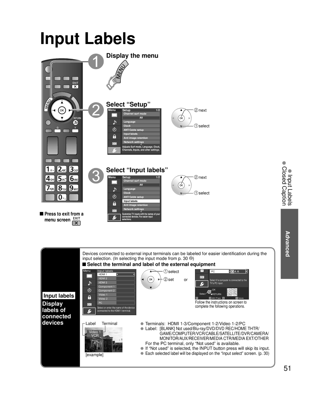 Panasonic TC-P54G25, TC-P42G25 Select Input labels, Input Labels Closed Caption, Display labels of connected devices 