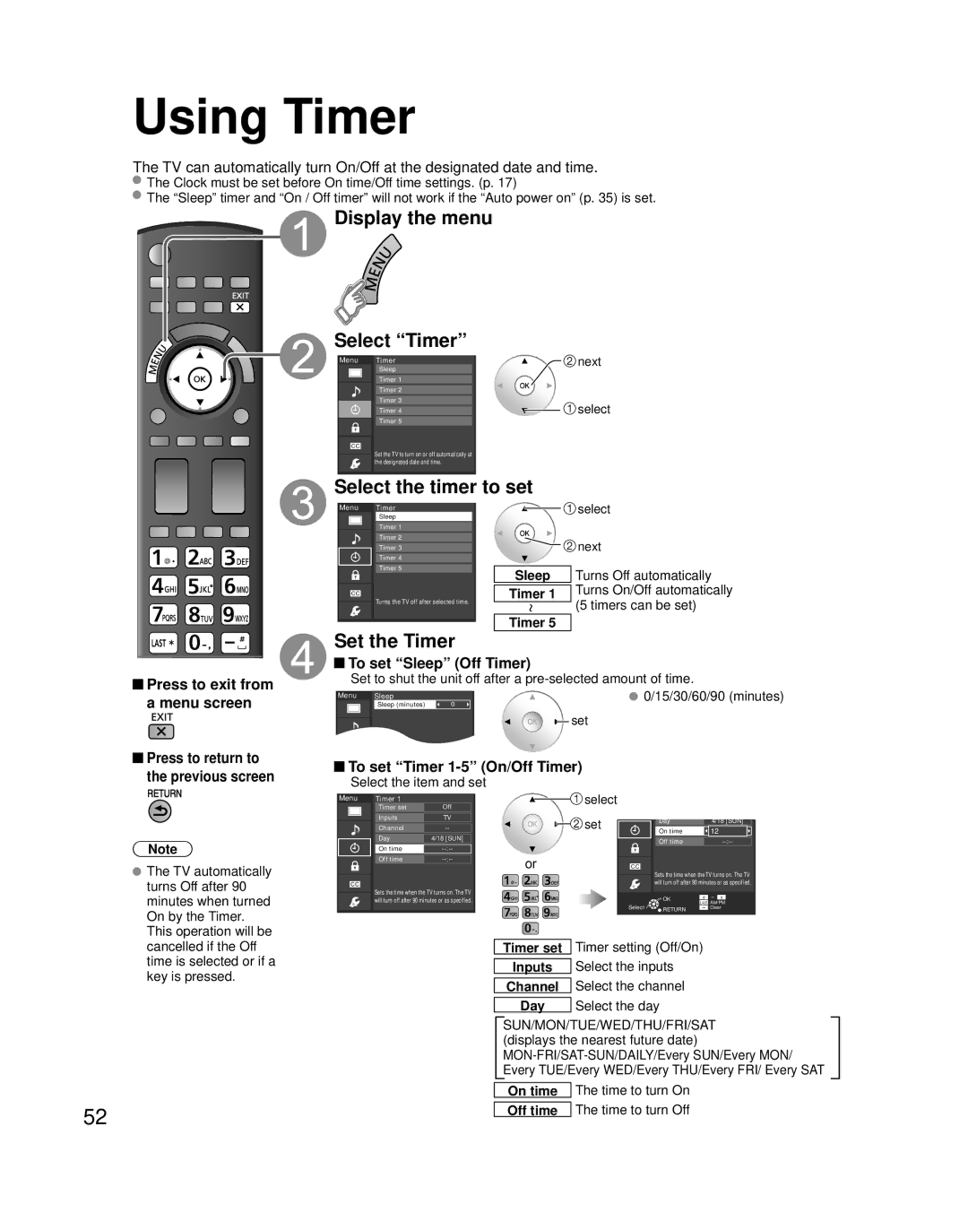 Panasonic TC-P42G25, TC-P46G25, TC-P50G25 Using Timer, Display the menu Select Timer, Set the Timer, To set Sleep Off Timer 