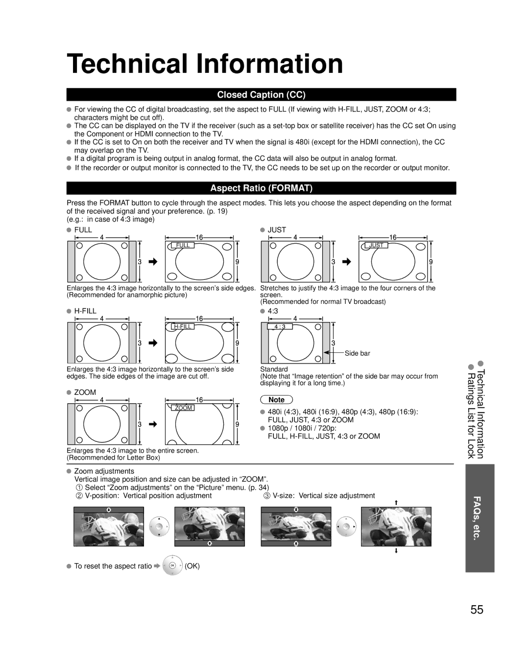 Panasonic TC-P54G25, TC-P42G25, TC-P46G25 Technical Information, Closed Caption CC, Aspect Ratio Format, FAQs, etc 