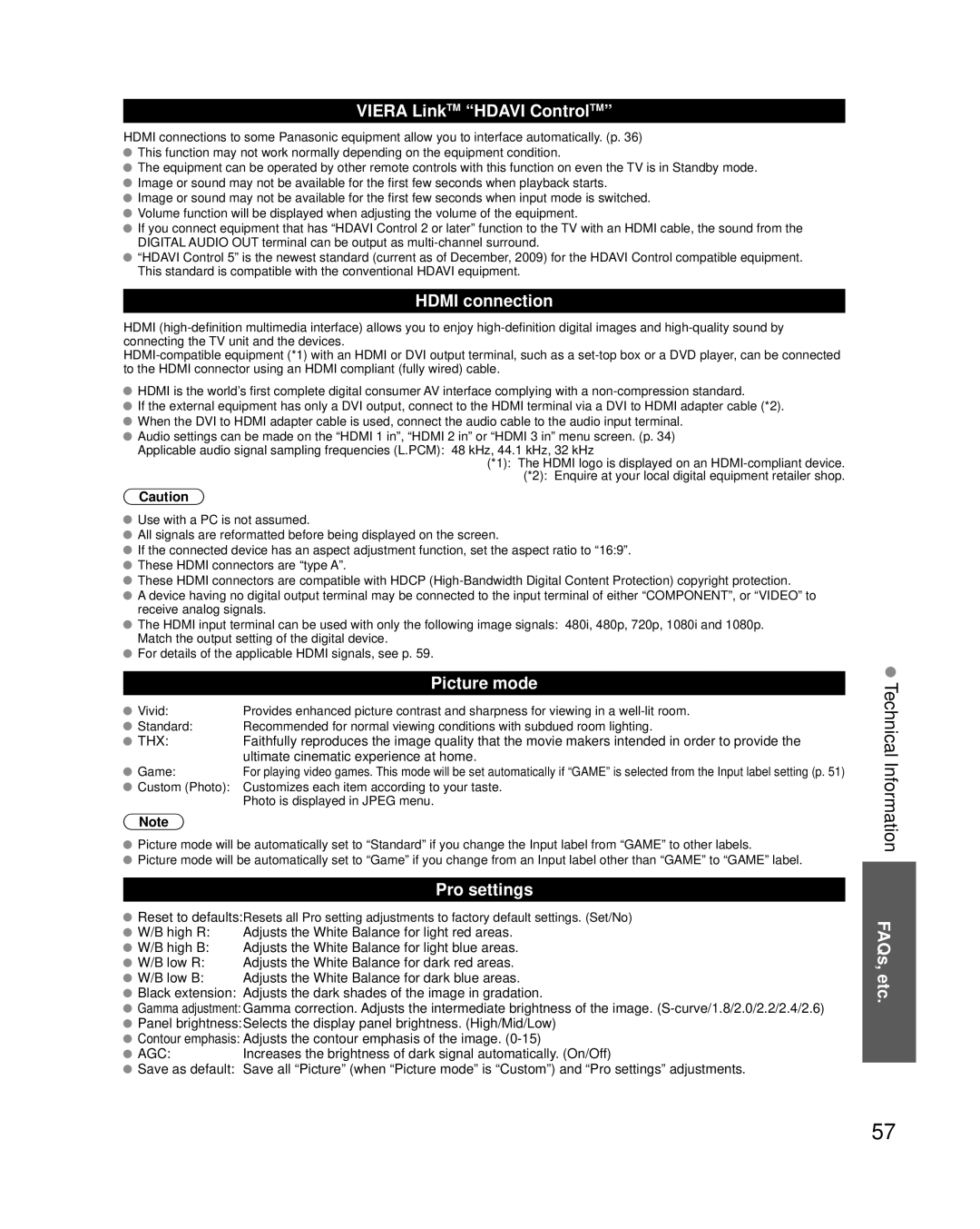 Panasonic TC-P46G25 Technical Information, Viera LinkTM Hdavi ControlTM, Hdmi connection, Picture mode, Pro settings 