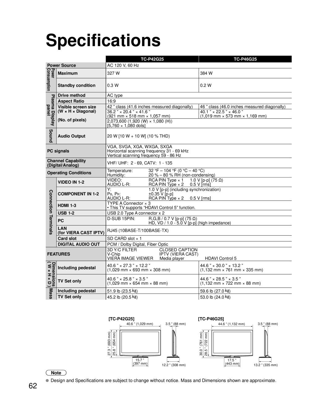 Panasonic TC-P50G25, TC-P42G25, TC-P46G25, TC-P54G25 quick start Specifications 