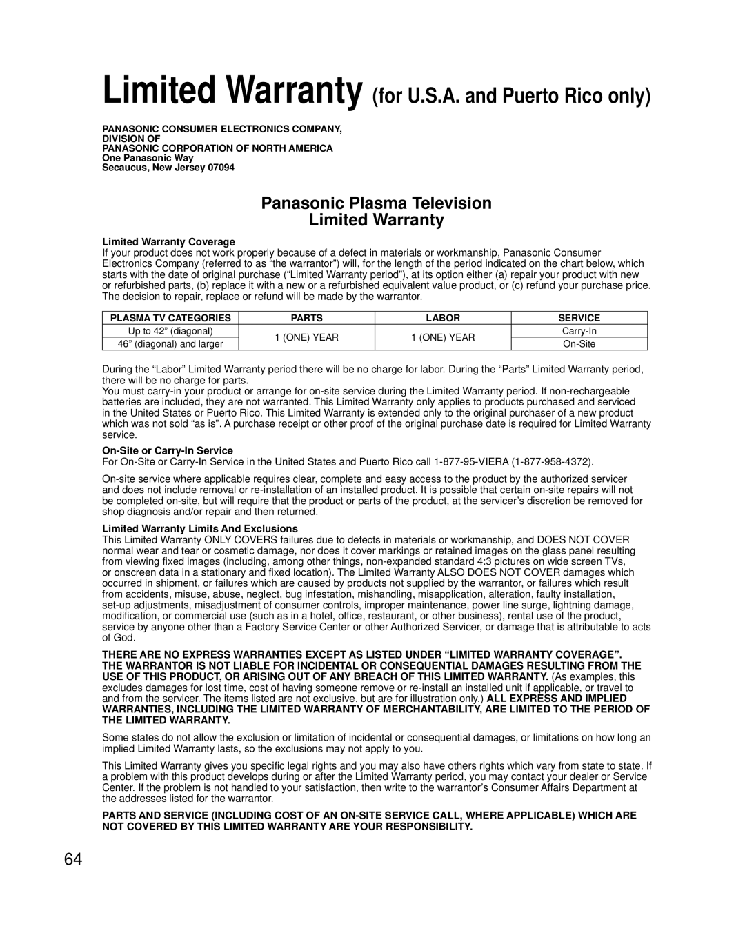 Panasonic TC-P42G25 Limited Warranty Coverage, On-Site or Carry-In Service, Limited Warranty Limits And Exclusions 