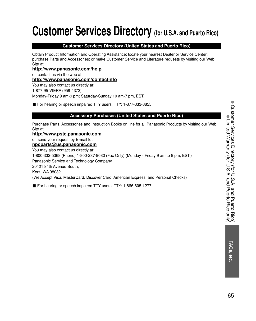 Panasonic TC-P46G25, TC-P42G25, TC-P50G25, TC-P54G25 quick start Customer Services Directory United States and Puerto Rico 