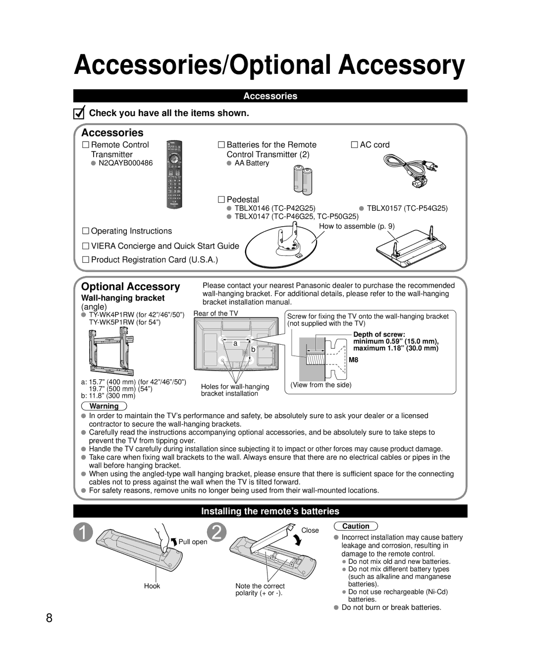 Panasonic TC-P42G25, TC-P46G25, TC-P50G25, TC-P54G25 Accessories/Optional Accessory, Installing the remote’s batteries 