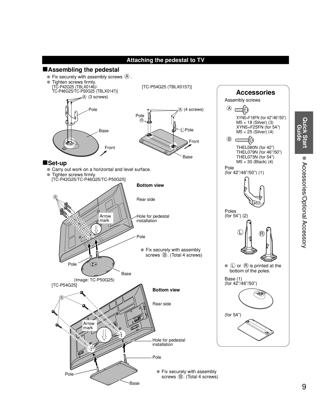 Panasonic TC-P46G25 Attaching the pedestal to TV, Tighten screws firmly, Carry out work on a horizontal and level surface 